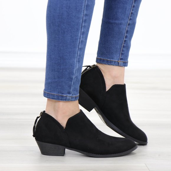 Shoes - Black Vegan Suede Low Cut Ankle Booties